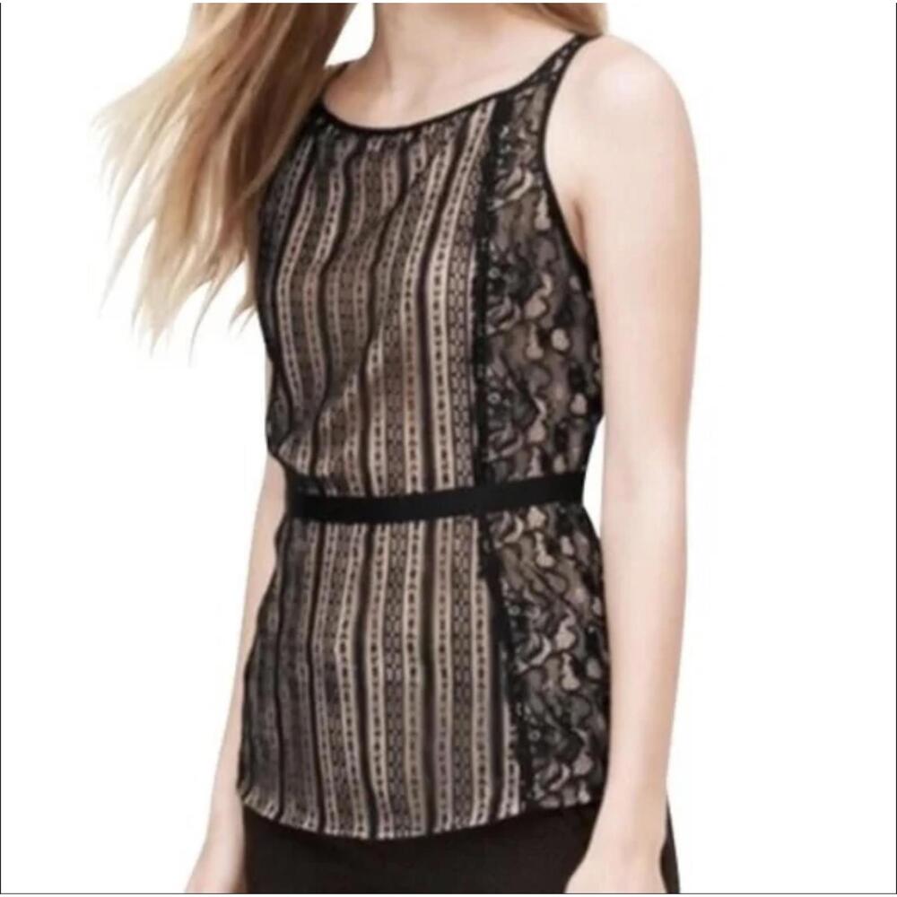 LOFT Black Lace Overlay Blouse Sleeveless Tank Shell 4‎ Nude Tan Lined